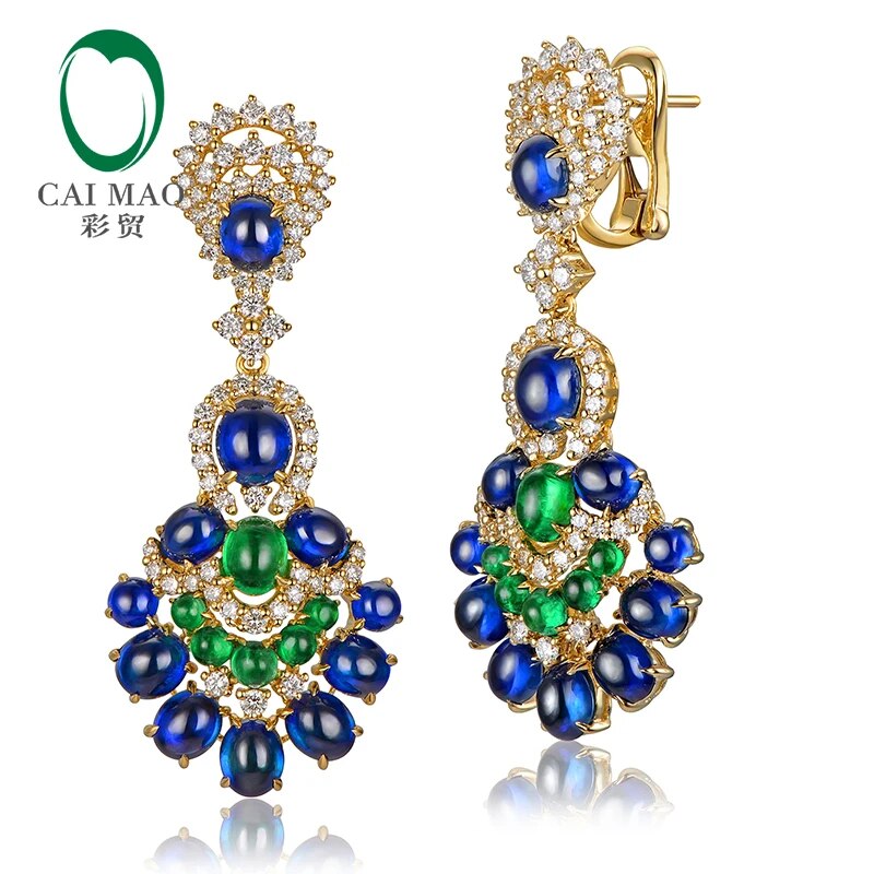 CaiMao Gorgeous Natural 14.29ctw Blue Sapphires Emeralds and Diamonds Earrings 18kt Yellow Gold Retro English Lock For Women