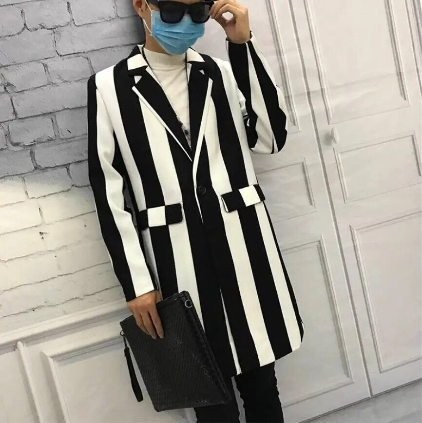 Striped Jacket Men Long Section Windbreaker Trench Coat Male Slim Fashion Casual Wild Handsome Hair Stylist Men's Clothing S-3XL