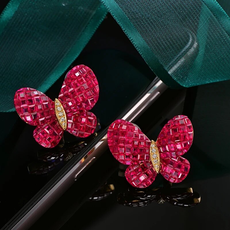 CAIMAO Fine Jewelry Invisible Setting 12.38ct Natural Ruby Diamond 18kt Au750 Yellow Gold Earrings English Lock