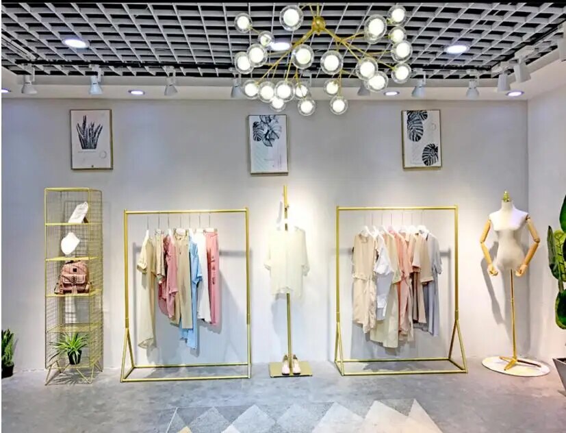 Clothing store display rack gold clothing rack women's clothing store shelf floor hangers do not drop paint shop design