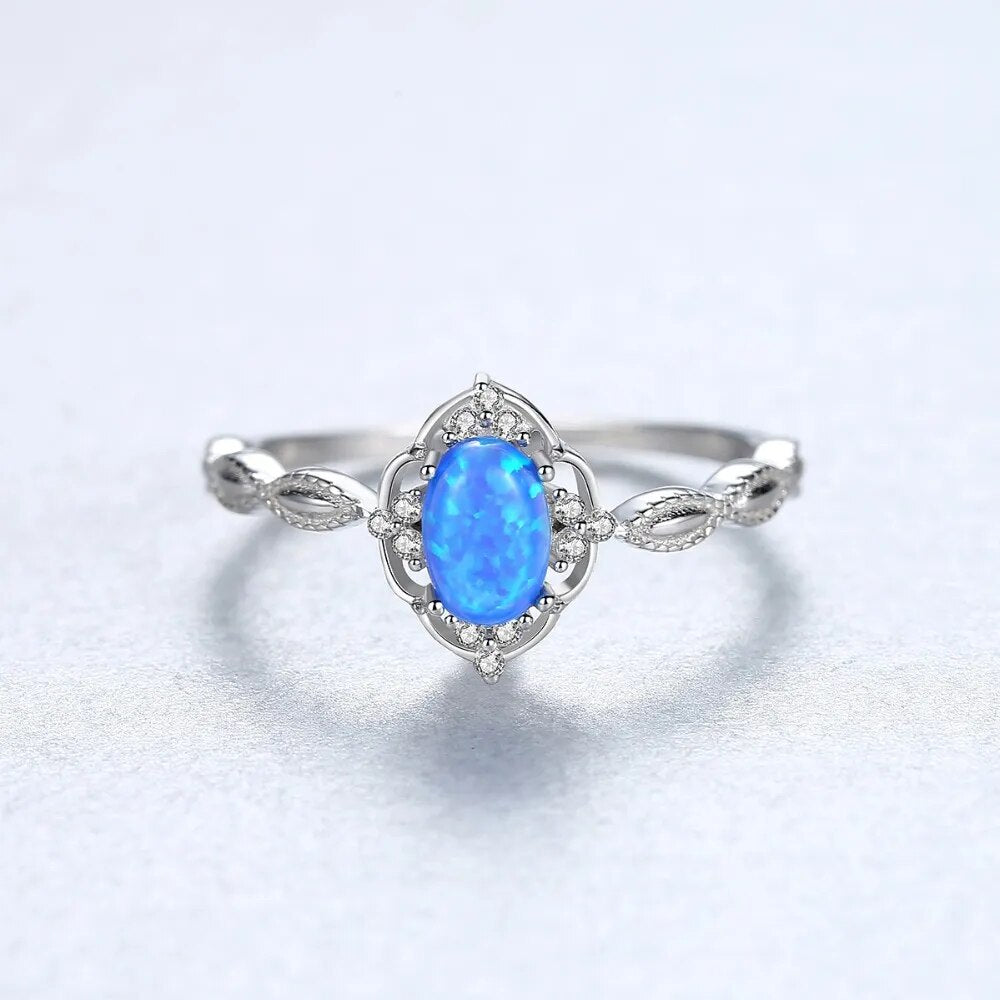CZCITY Exquisite Vintage Design Blue/White Fire Opal Rings for Women 100% 925 Sterling Silver Bridals Engagement Rings Jewelry