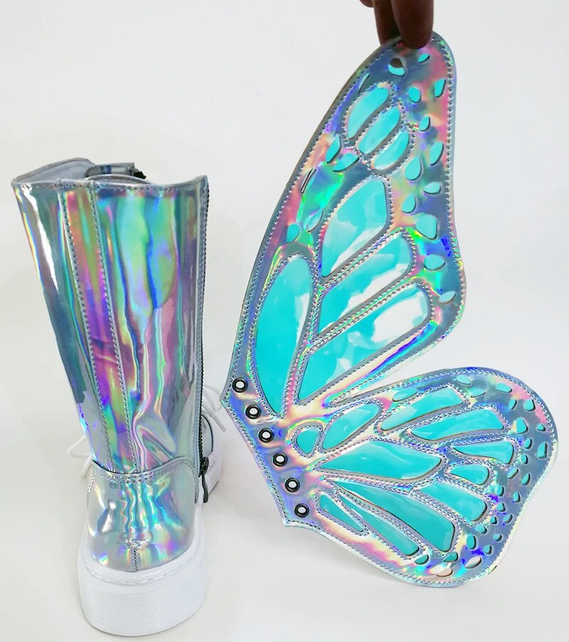 Women Butterfly Wings Sneakers Shine Silver Short Boots Lace Up Colorful Ladies Shoes Sneakers With Sequines Women Runway Boots