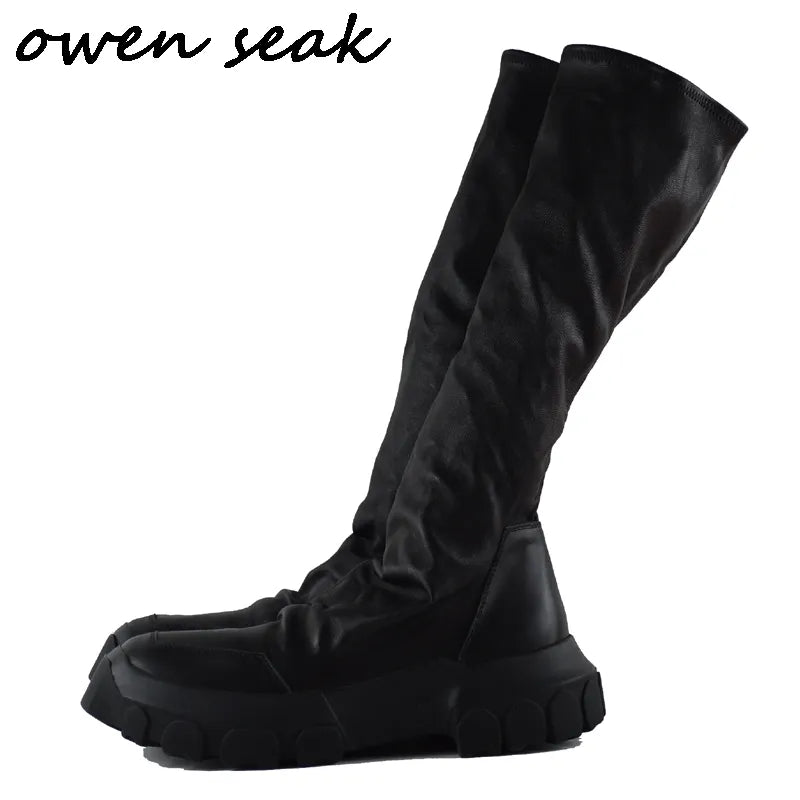 Owen Seak Men Shoes Knee High Boots Sheepskin Leather Luxury Trainers Women Winter Boots Casual Flats Shoes Black Big Sneakers