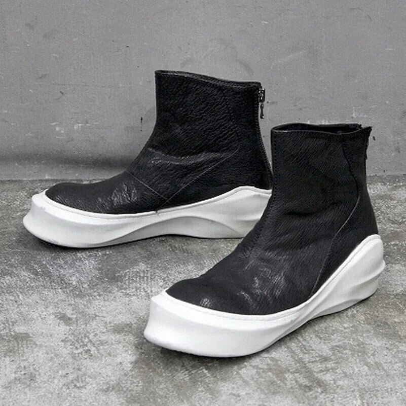 New Men Casual Boots Cow Leather High-TOP Ankle Boots Luxury Trainers Spring Zip Flats Black Shoes Sneakers