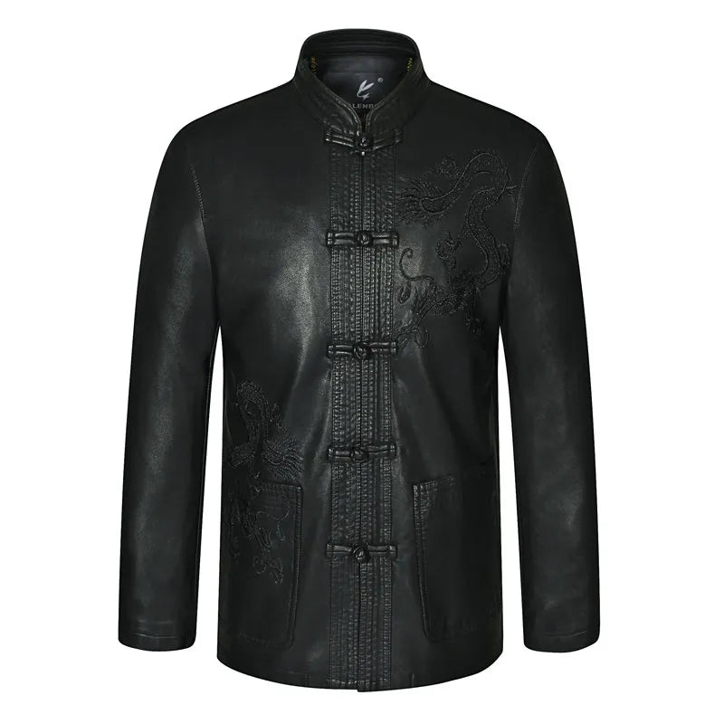 Mens Black Ethnic Tang Suit Mandarin Collar Leather Kong Fu Jackets Dragon Embroidery Fur Coat Traditional Chinese Garments New - KAISERINC