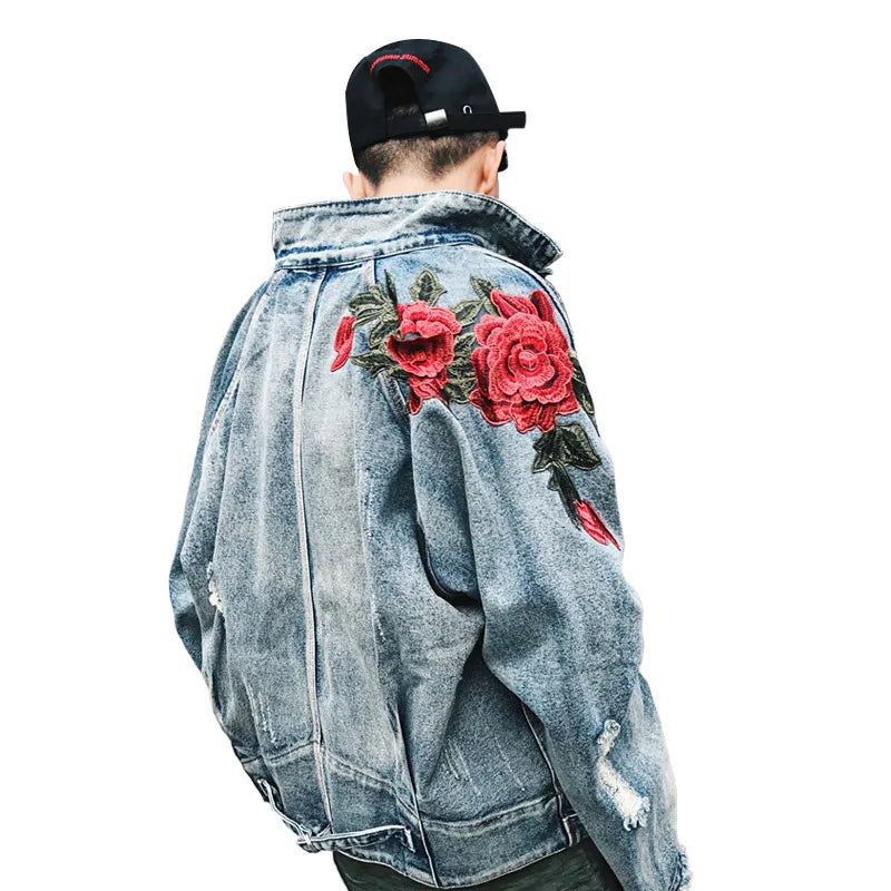 Spring New Men's Clothing Denim Jacket 3D Rose Flower Embroidery Vintage Frayed Hole Coats High Street Hip Hop Outerwear