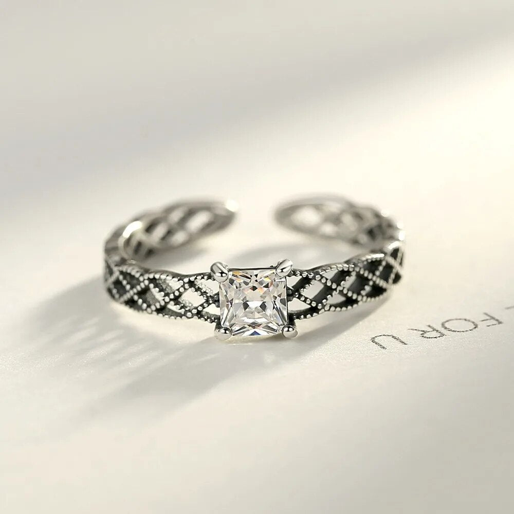 CZCITY Rhombic Design 925 Sterling Silver Adjustable Rings For Women Charming Clear Zircon Silver Bague Femme De Marque De Luxe