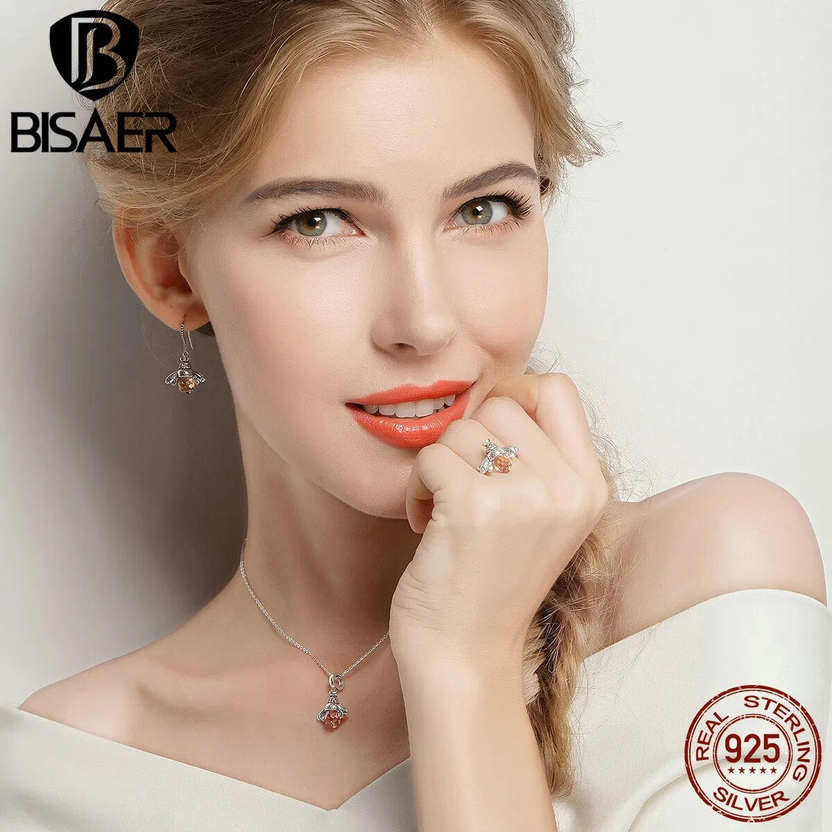 BISAER 925 Sterling Silver Cute Orange Zircon Bee Jewelry Set Pendant Necklace & Stud Earrings & Ring For Elegant Women's Party