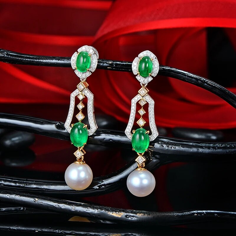 CAIMAO Natural 2.31ctw Cabochon Emeralds and Diamonds 8mm Pearl 18kt Multi-tone Gold Retro English Drop Earrings for Women