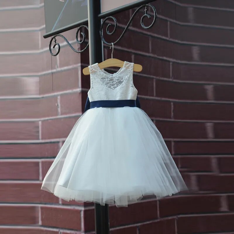 Hot Rustic Ivory Lace Navy Blue Sash/Bow Flower Girl Dress White Country Toddler Wedding Baptism Tulle Girls Pageant Dresses - KAISERINC