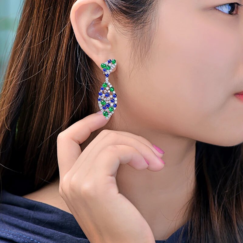 CAIMAO Natural 9.28ctw Cabochon Round Sapphires Emeralds and Diamonds Earrings 18kt Gold Retro English Lock For Women