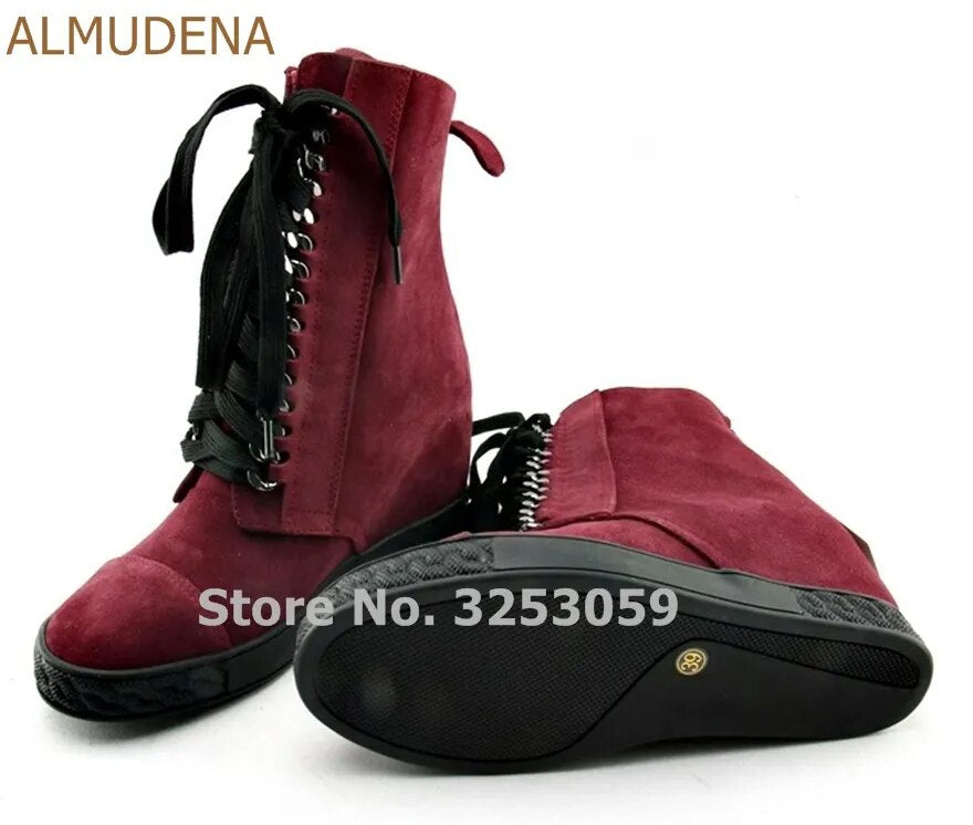 ALMUDENA Women Real Leather Burgundy White Black Chain Sneakers Lace-up Nice Shoes Wedge Height Increasing Ankle Boots