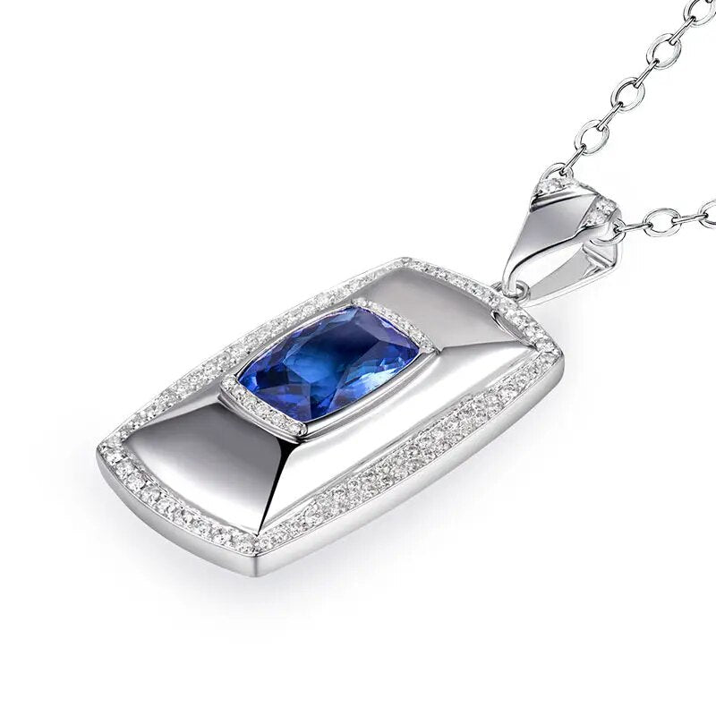 LOVERJEWELRY Cool Solid 18K White Gold Mens Necklace Pendants Natural 7x10mm Cushion Cut Tanzanite Diamonds Pendant for Husband