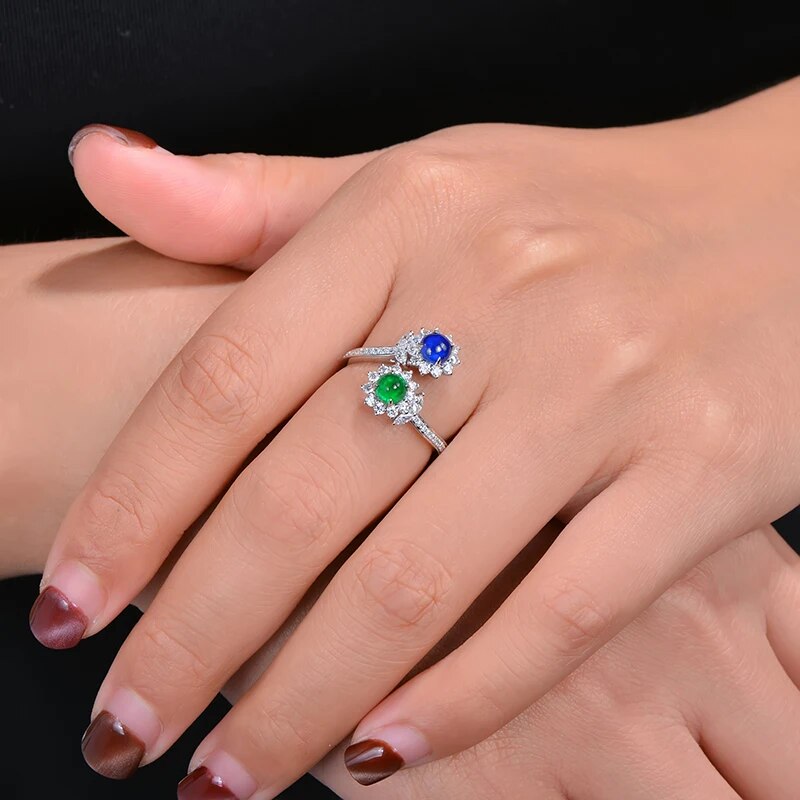 CAIMAO Natural Cabochon Cut Emerald and Sapphire Halo H SI Brilliant Diamonds Engagement Wedding Ring for Annivesary Finegems