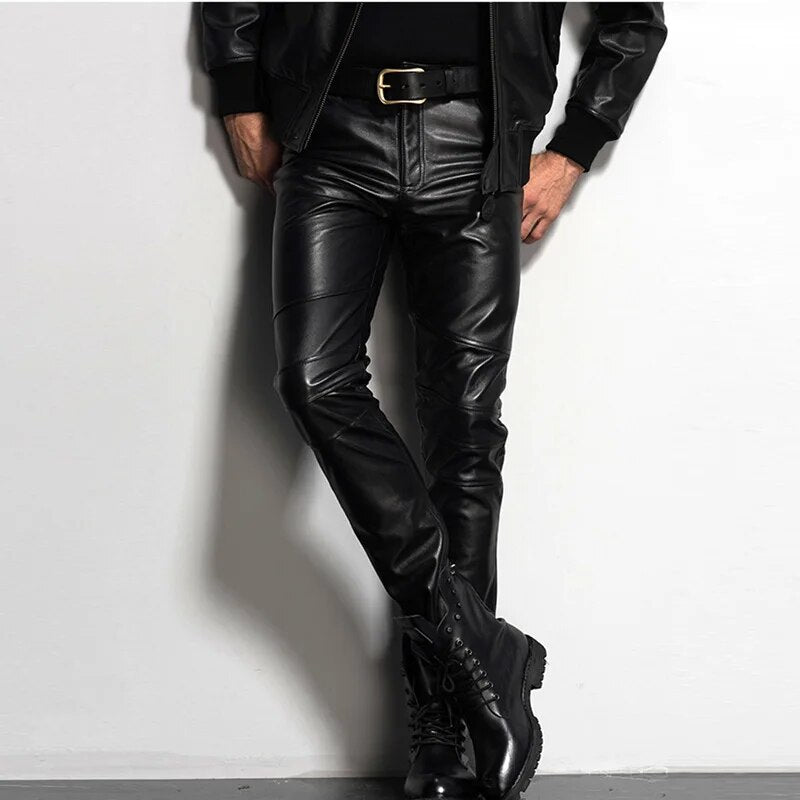 Men's Leather Pant Slim Leather Skinny Biker Pants Motorcycle  Punk Rock Pants Tight Leather Pant Simple soft TJ09