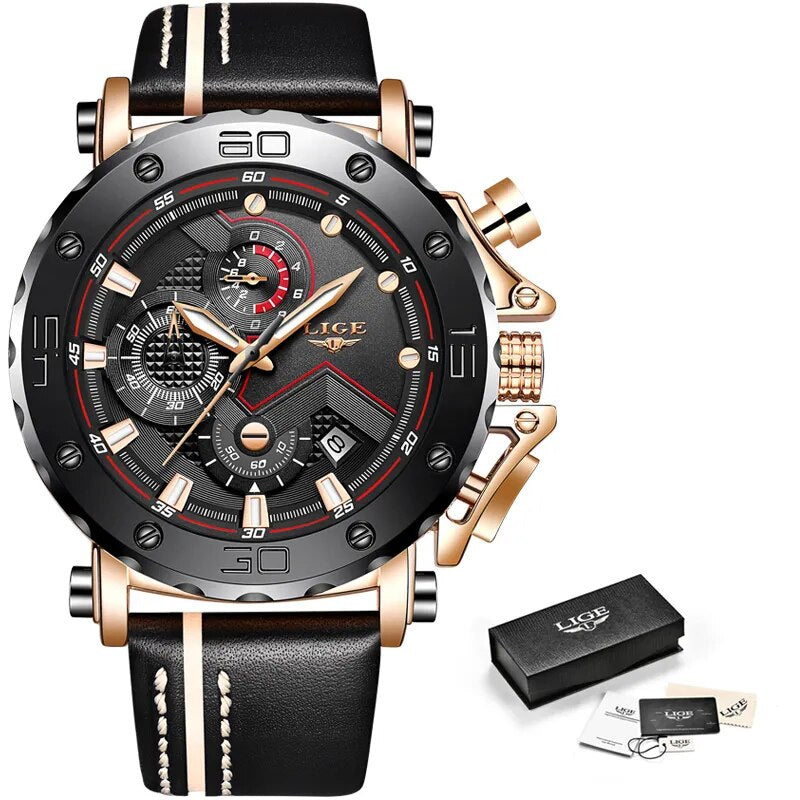 LIGE 2023 New Men Watch Sport Chronograph Top Brand Casual Leather Waterproof Date Quartz Watch for Men Clocks Relogio Masculino