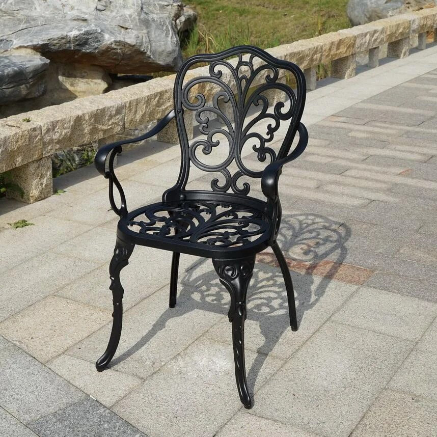 set of 7-piece butterfly design cast aluminum ova table and 6 chairs metal K/D set armrest good quality Outdoor furniture stock