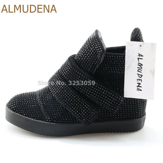 ALMUDENA Ladies Bling Bling Black Grey Crystal Sneakers Hook&Loop Height Increasing Wedge Heels Casual Shoes Ankle Boots
