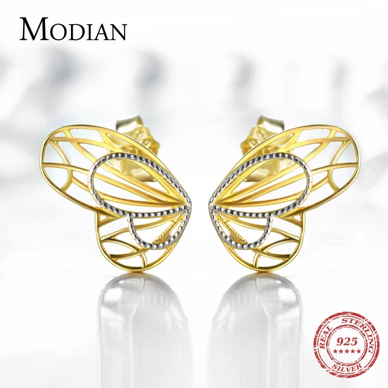 Modian Fashion 100% 925 Sterling Silver 18K Gold Plated Line Lovely Butterfly Stud Earrings For Women Charm Silver Fine Jewelry