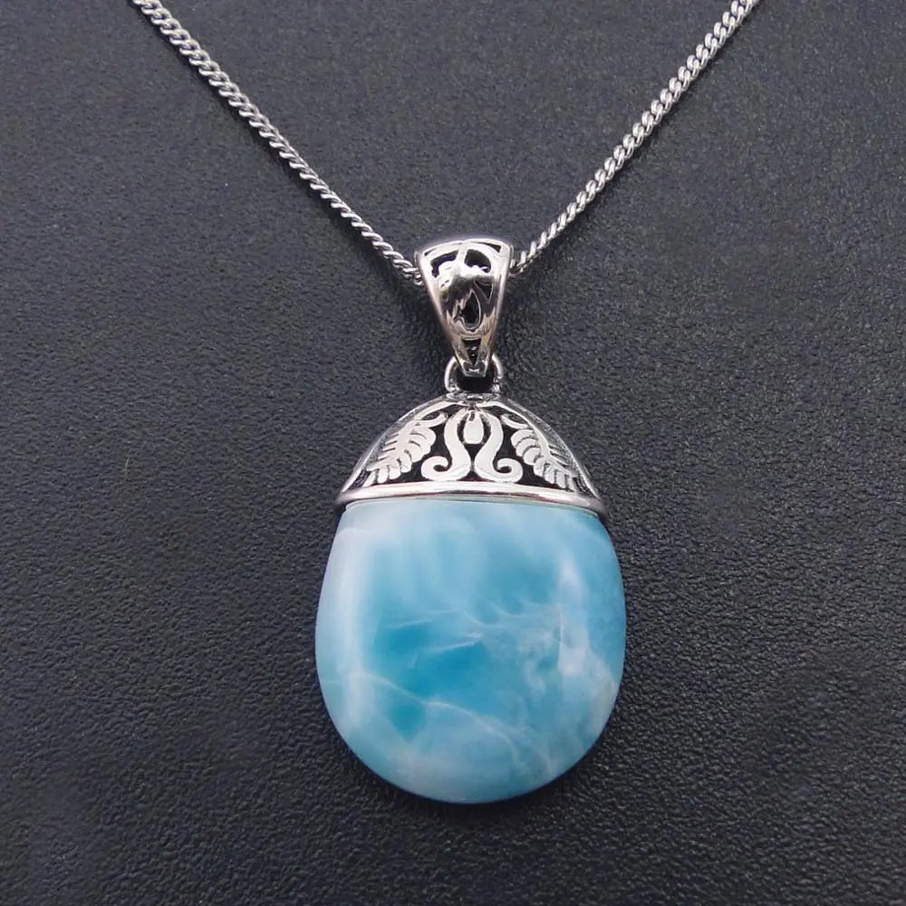 High Quality 100% 925 Sterling Silver Natural Larimar Pendant Necklace for Women Gift