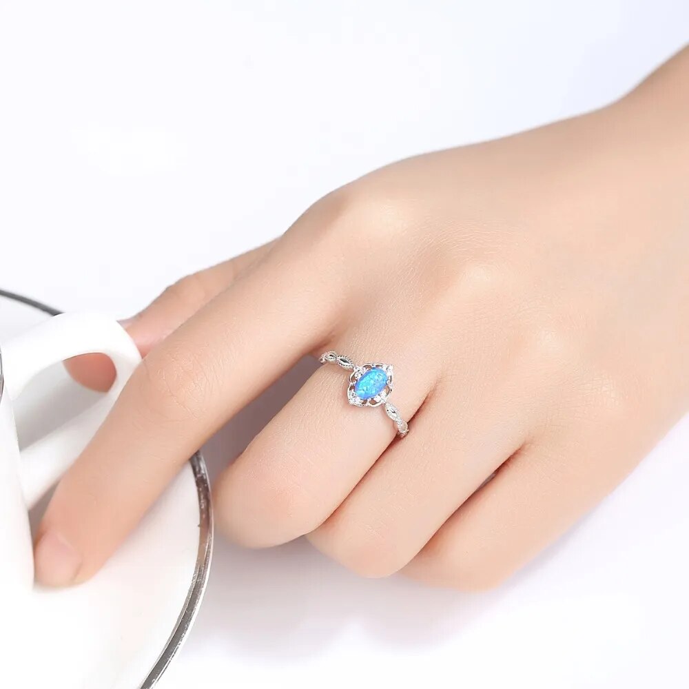 CZCITY Exquisite Vintage Design Blue/White Fire Opal Rings for Women 100% 925 Sterling Silver Bridals Engagement Rings Jewelry