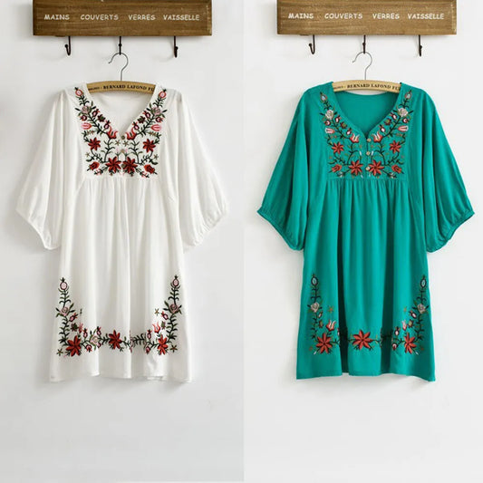 Vintage 70s Ethnic Floral EMBROIDERED Hippie BOHO Mexican puff slv Loose DRESS One Size  XS S M L  Elegant Dresses - KAISERINC