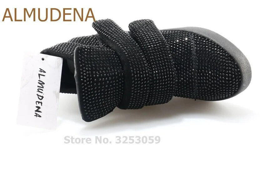ALMUDENA Ladies Bling Bling Black Grey Crystal Sneakers Hook&Loop Height Increasing Wedge Heels Casual Shoes Ankle Boots