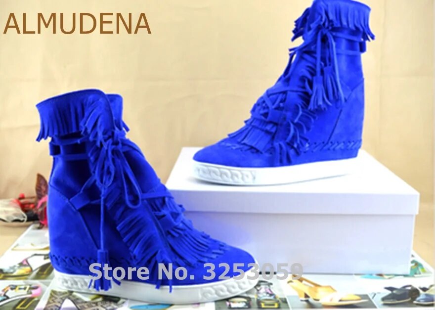 ALMUDENA Beige Red Blue Suede Fringe Sneakers Wedge Heel Height Increasing High Top Lace-up Casual Shoes Tassel Leisure Boots