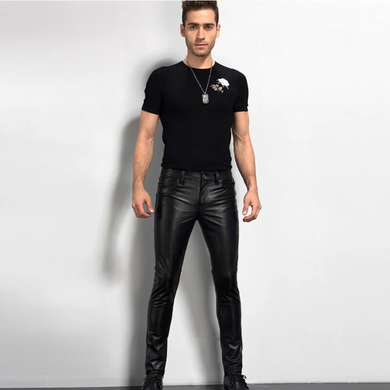 Men's Leather Biker Pants Motorcycle Punk Rock Tight Gothic Slick Smooth Shiny Trousers Sexiest Tj01
