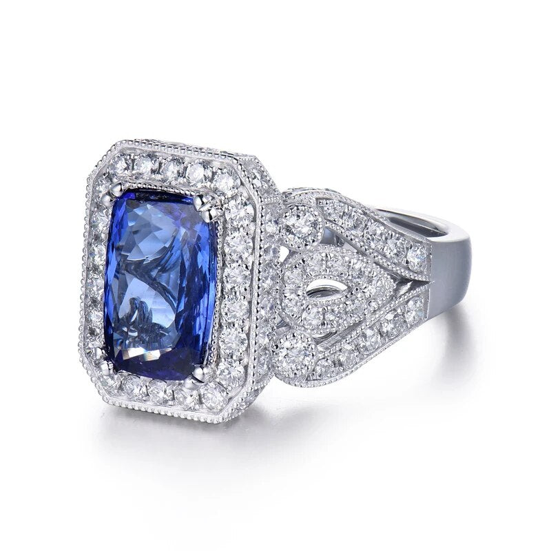 LOVERJEWELRY Tanzanite Rings for Women Pure 14Kt White Gold 3.55Ct Natural Tanzanite Female Engagement Diamonds Ring Jewelry