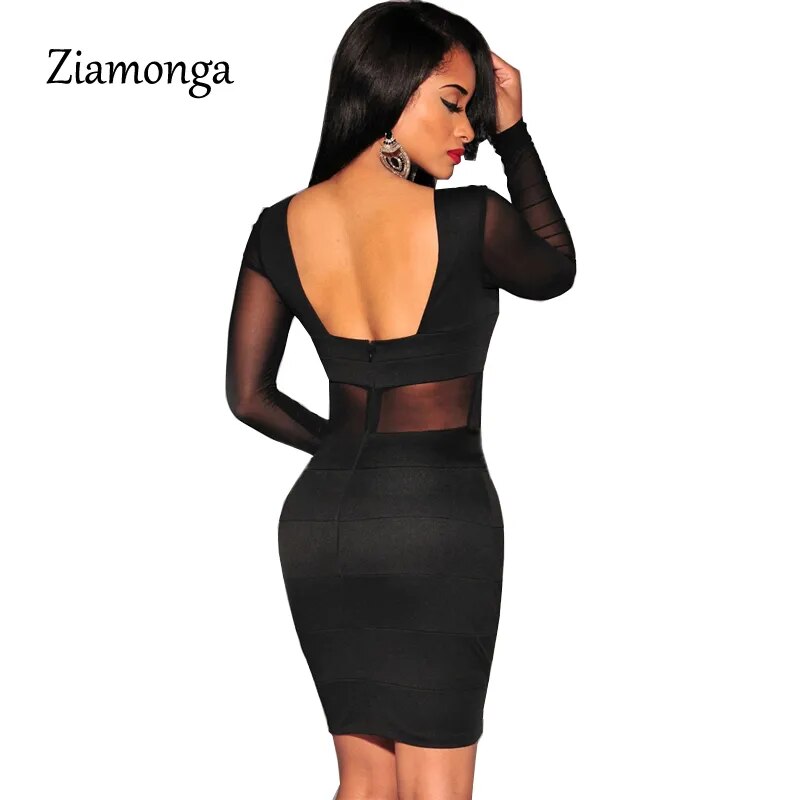 XS-XXL Sexy Bandage Dress New Winter Black White Dress Long Sleeve Mesh Patchwork Hollow Out Pencil Bodycon Dress Female Dresses - KAISERINC