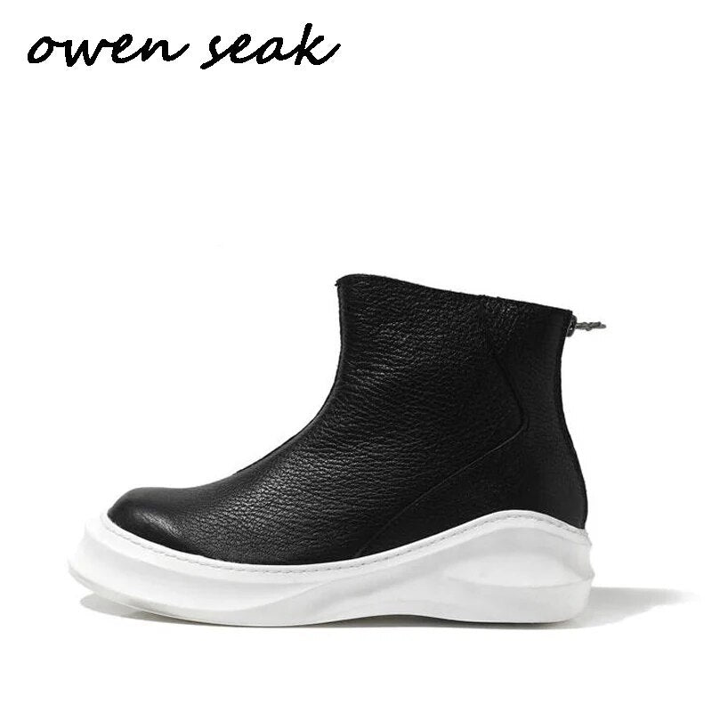 New Men Casual Boots Cow Leather High-TOP Ankle Boots Luxury Trainers Spring Zip Flats Black Shoes Sneakers