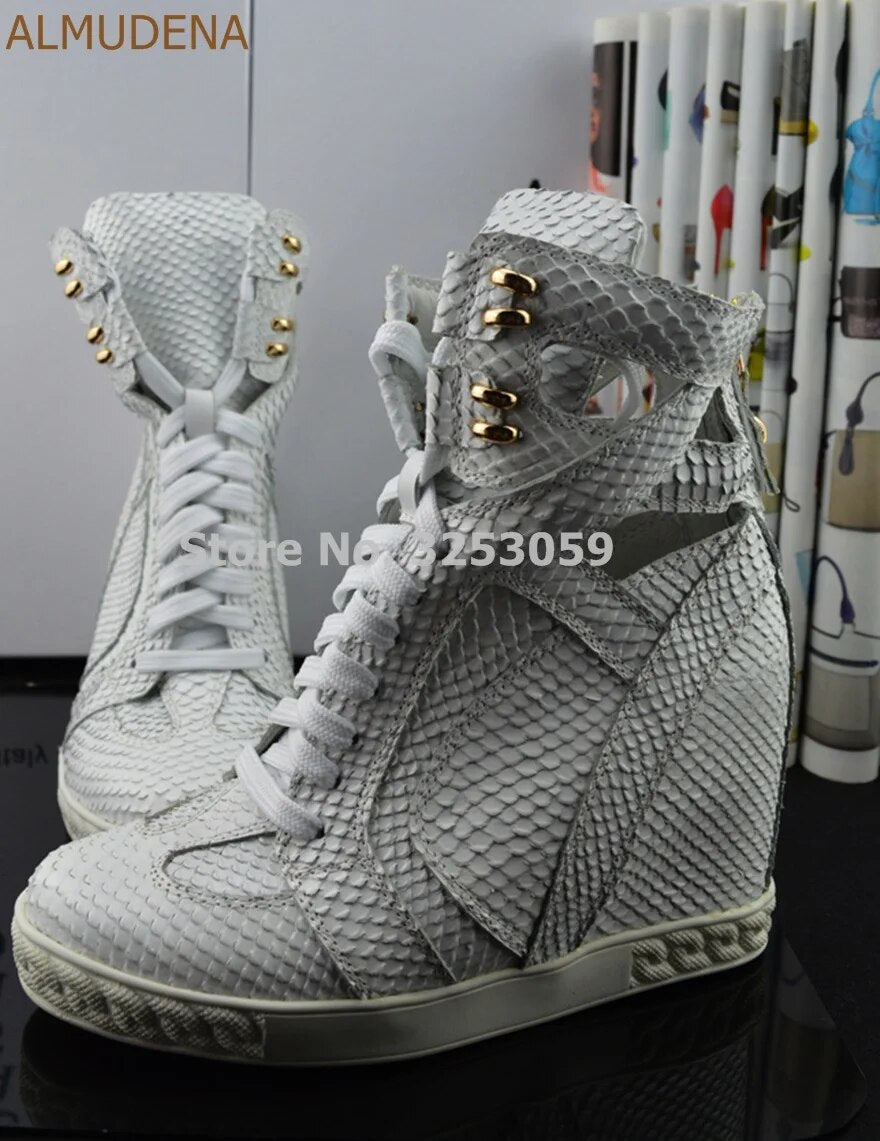 ALMUDENA White Stone Pattern Snakeskin Real Leather Sneakers Wedge Height Increasing Lace-up Short Boots Dropship Casual Shoes
