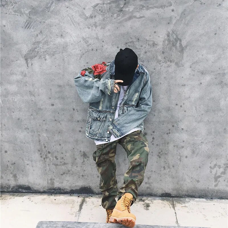 Spring New Men's Clothing Denim Jacket 3D Rose Flower Embroidery Vintage Frayed Hole Coats High Street Hip Hop Outerwear