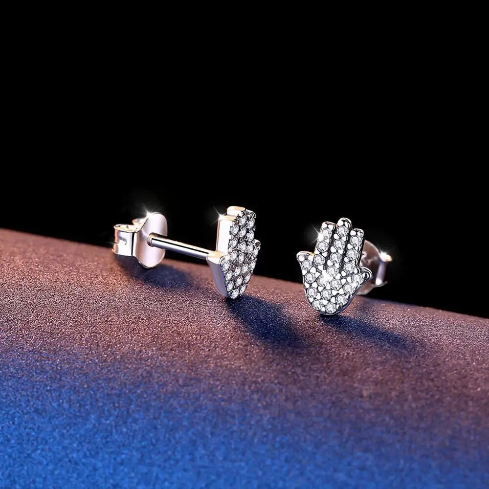 Eudora 925 Sterling Silver Hamsa Hand Earring Silver Hand Ear Stud with Clear Cubic Zirconia Earrings Jewelry for Lover CYE104