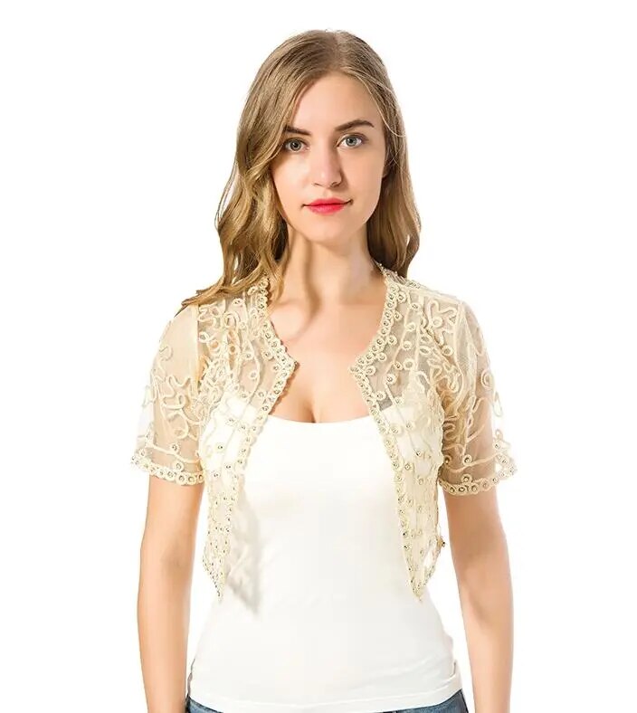 Women Basic Coat 2023 Summer Style Women Perspective Shawl Fashion Hollow Out Lace Boleros Short Sleeve Coats Jackets Female - KAISERINC