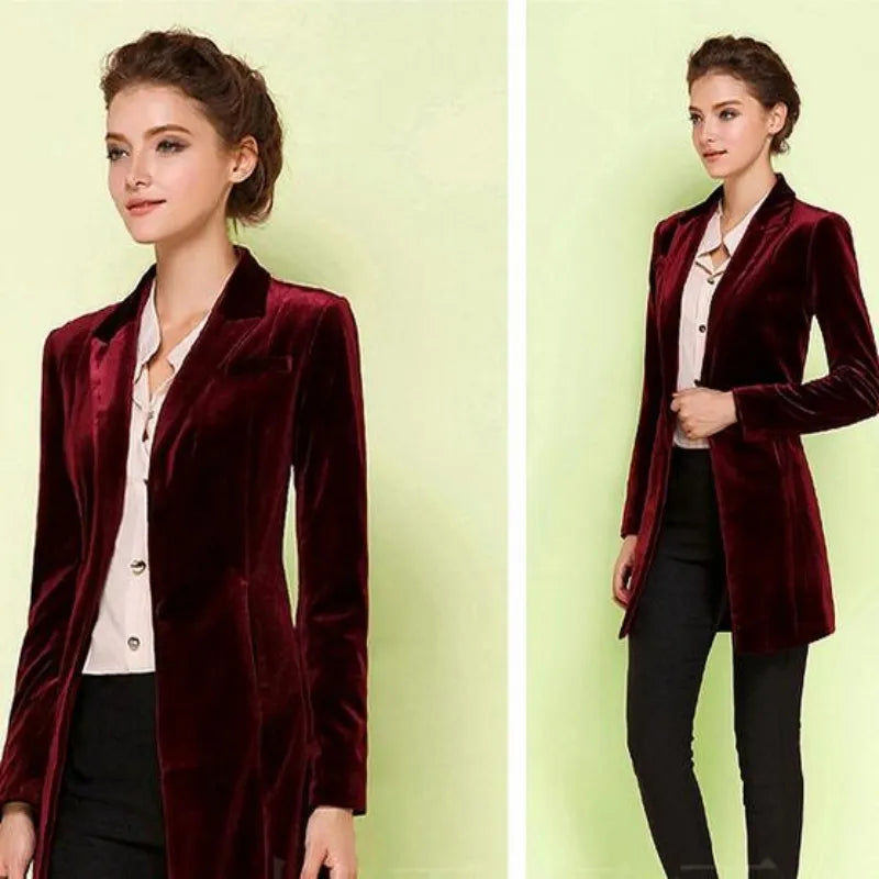 New Female High Quality Chic Tops Europe women's velvet blazer Slim Fit Long OL jacket Ladies Blouses Suit Coat Free Shipping