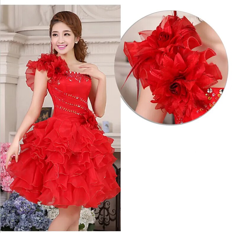princess womens yellow pink corset evening gowns short tulle ball dresses one shoulder arrival girl fashion pageant dress W2141 - KAISERINC