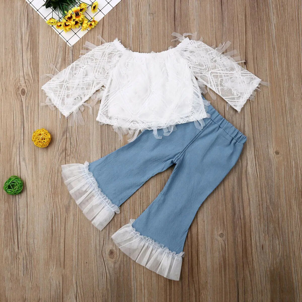 Kid Baby Girl Clothes 2019 New in Fashion Summer White Off-shoulder Lace T Shirt Tops Destroyed Jeans Pants