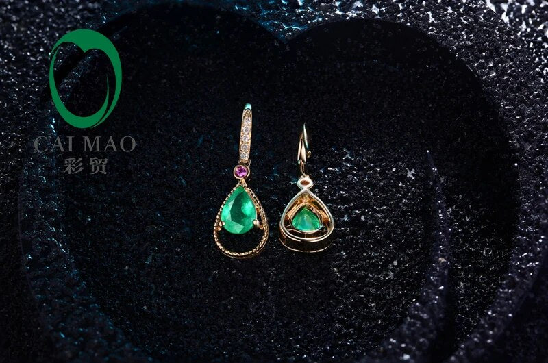 Caimao Jewelry 14k Yellow Gold Natural Pear Cut 5x7mm Emerald & 0.08ct Diamonds Pink Sapphires Engagement Earrings