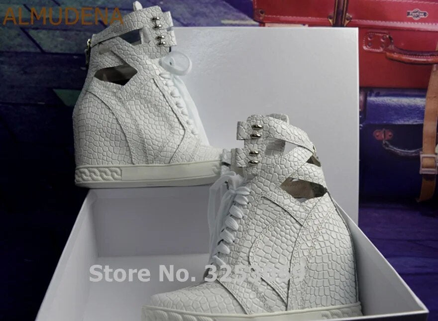 ALMUDENA White Stone Pattern Snakeskin Real Leather Sneakers Wedge Height Increasing Lace-up Short Boots Dropship Casual Shoes