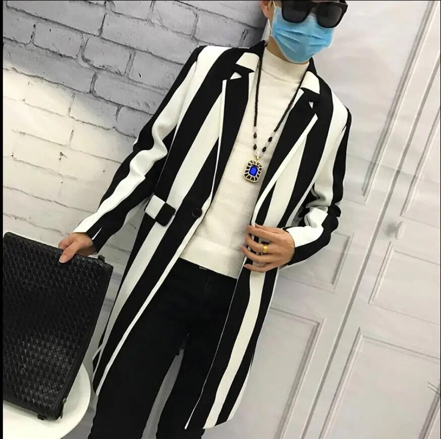 Striped Jacket Men Long Section Windbreaker Trench Coat Male Slim Fashion Casual Wild Handsome Hair Stylist Men's Clothing S-3XL