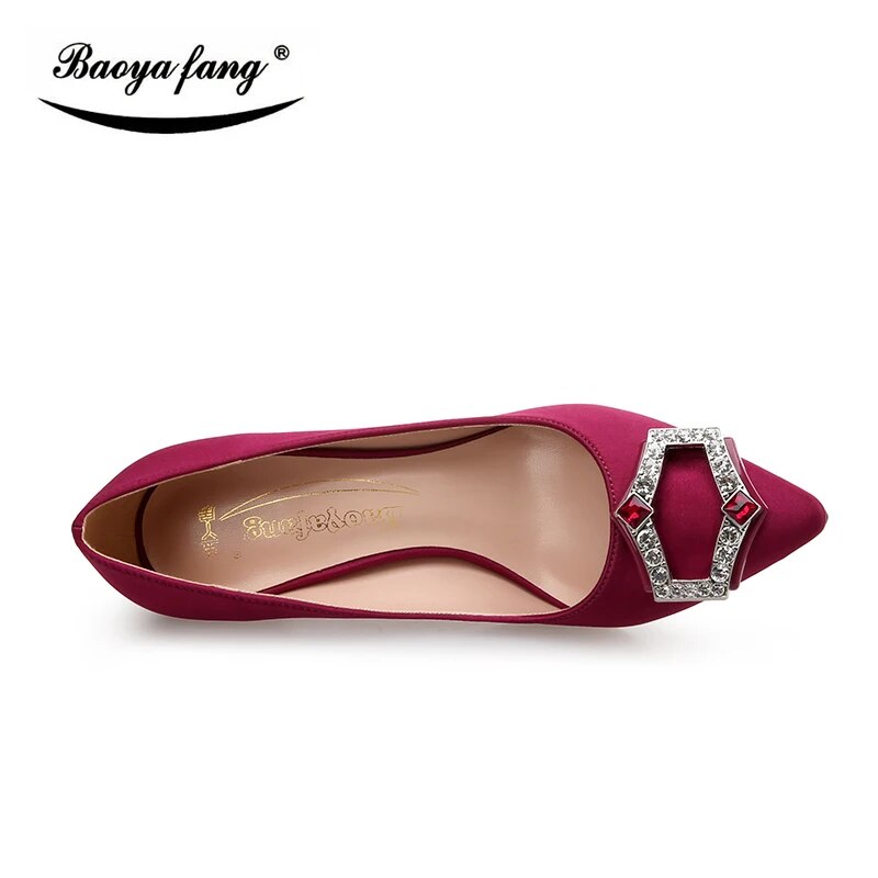 BaoYaFang Brand Satin Womens single shoes ladies 7cm thin heel High Pumps women Red sole Party Dress shoes Birde weidding shoes