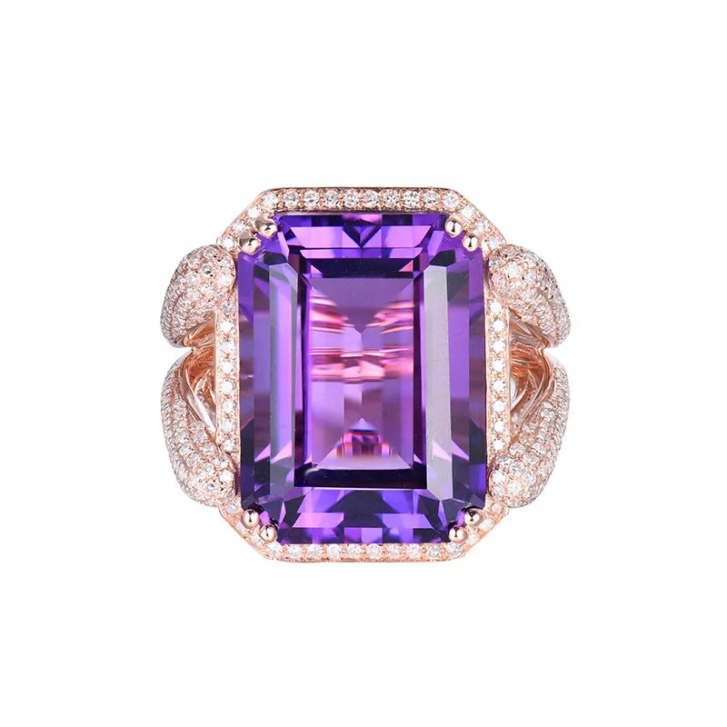 Natural Amethyst Rings For Women Elegant Ladies Emerald Cut 15x20mm Amethyst Diamonds Engagement Party Ring Real 14Kt Rose Gold