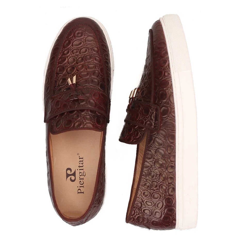 Piergitar 2019 brown colors Genuine Leather Men sneakers with tassel Handcrafted Sporty style men's casual shoes white outsole
