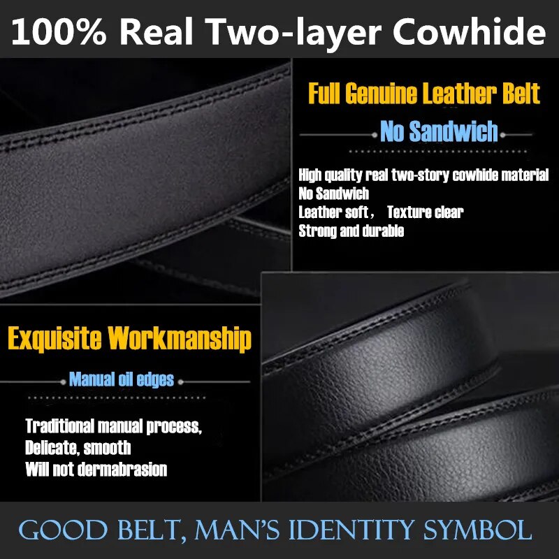 120p 3.5cm Width Men Genuine Leather Strap Waistband,Real Full Two-layer Cowhide Automatic Buckle Belt,with Belt Buckle,Gift Box