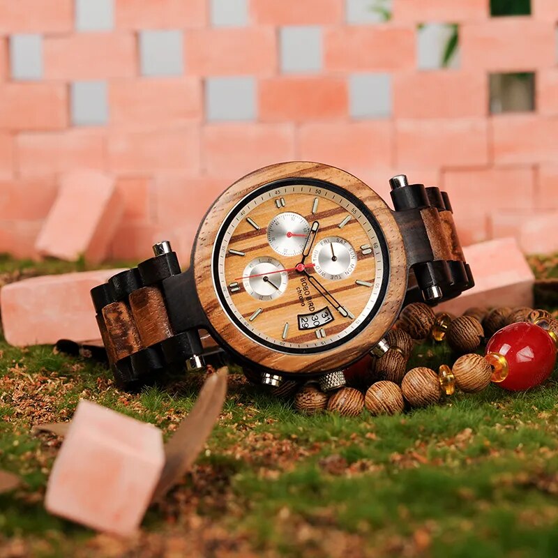 BOBO BIRD WP17 Men Wood Multi-function Ebony Watches Wood Band Fashion Quartz Male Clock Back Cap Custom Watch