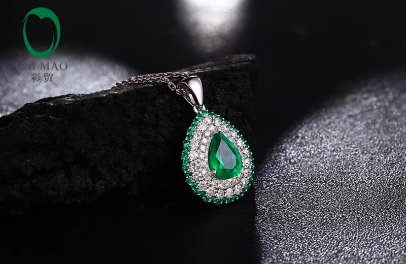 18K/Au750 Pear Shape 1.63ctw Natural Emearld & Diamonds Engagement Pendant Caimao Jewelry