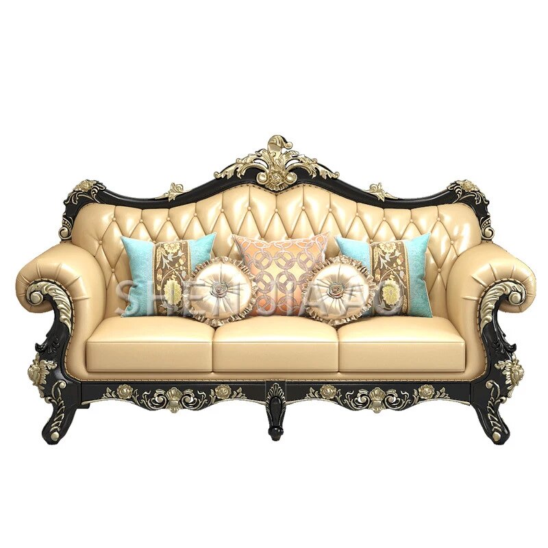 European Leather Sofa Luxury Solid Carved Sofa Living Room Solid Carved Combination Furniture Leather Sofa 1PC