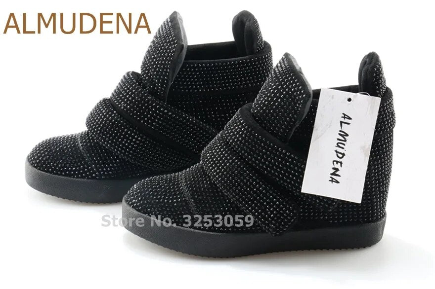 ALMUDENA Ladies Bling Bling Black Grey Crystal Sneakers Hook&Loop Height Increasing Wedge Heels Casual Shoes Ankle Boots